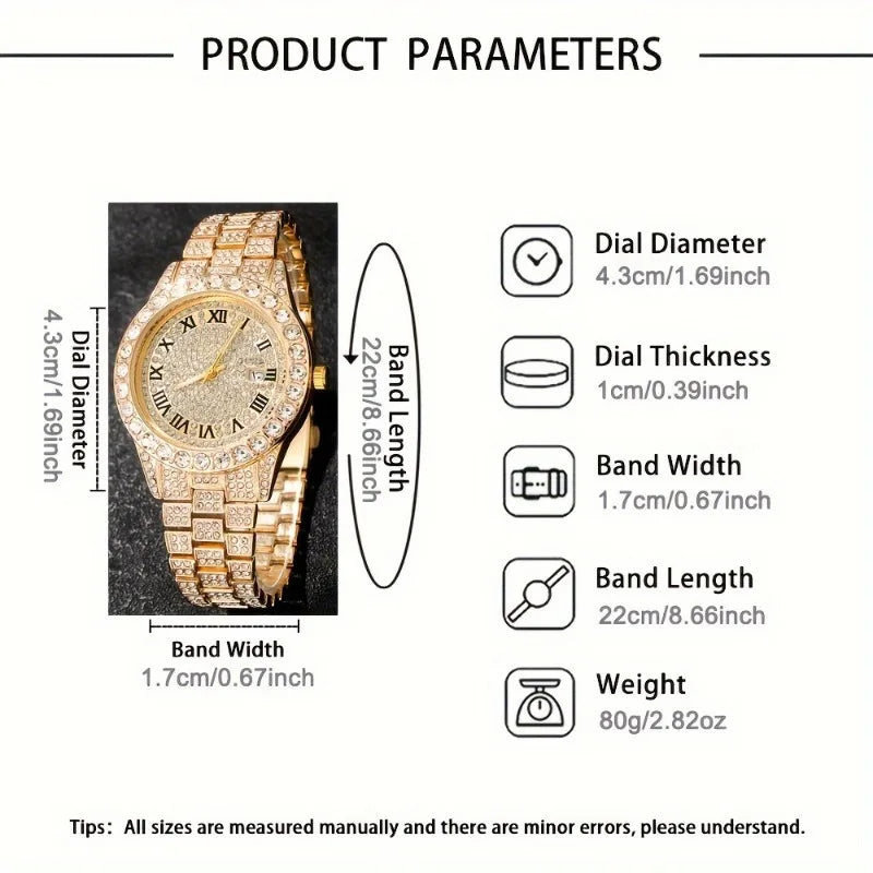 Men's Full Diamond Watch and Jewelry Combo Set, Iced Out Cuban Chain + Bracelet + Cross Pendant + Ring + Watch, Perfect Gift Qme