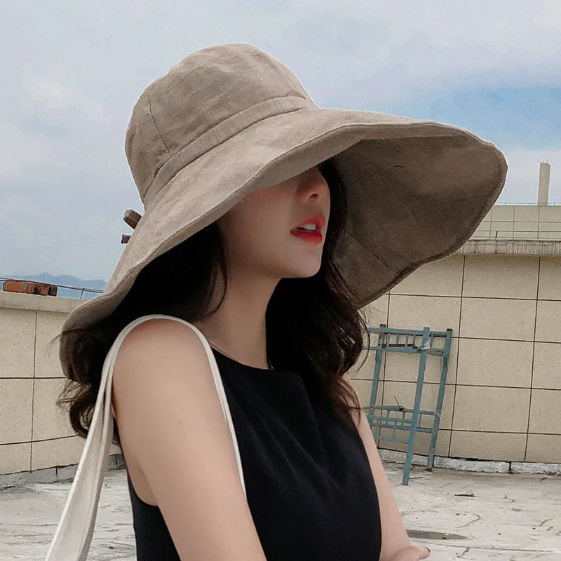 Summer Wide Brim Sun Hat Women's Foldable Travel Packable Bucket Hat Japanese UV Sunscreen Cotton Linen Beach Hat Fisherman Hat Qme KQ 55-60cm