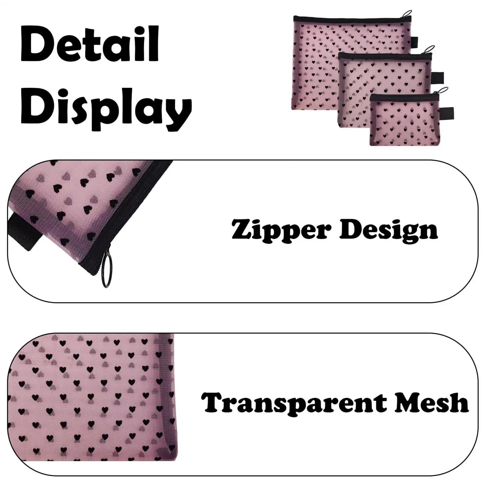 Makeup Bag Heart Print Mesh Portable Zippered Pouch Cosmetic Qme