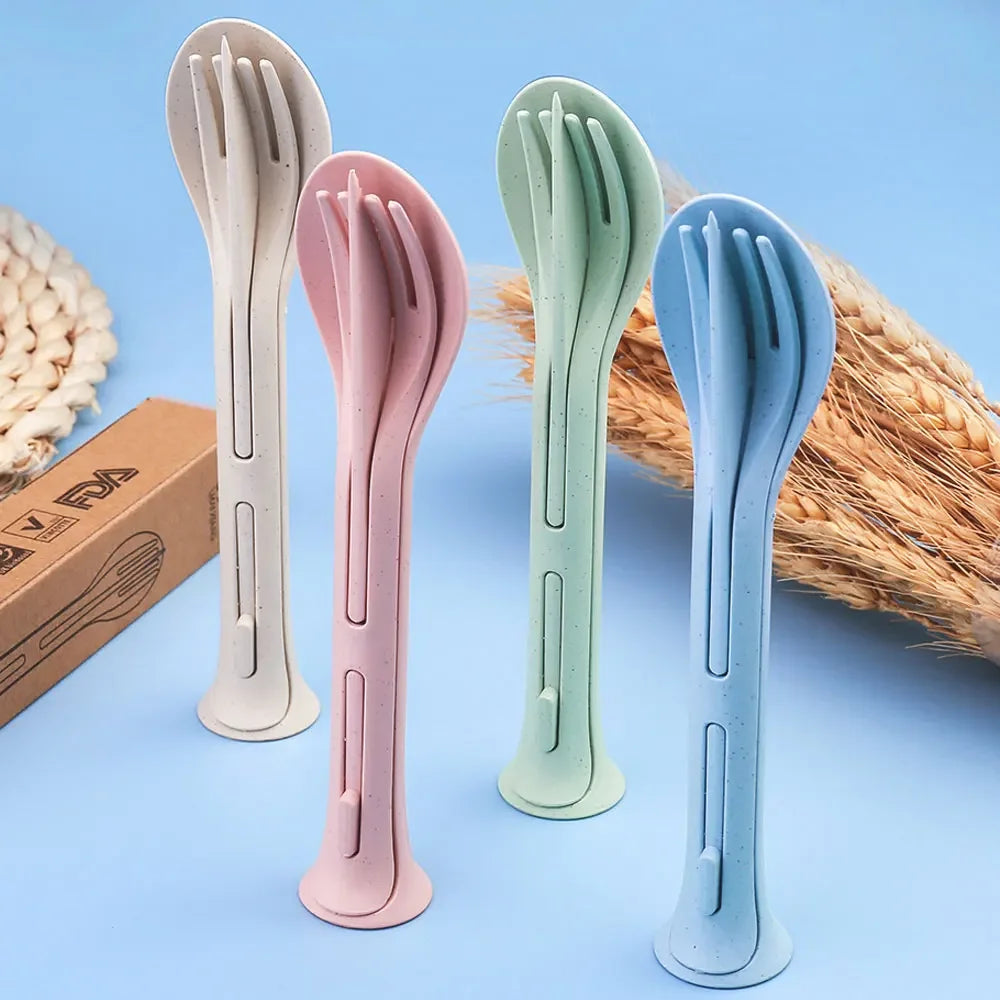 3PCS Portable Wheat Straw Cutlery Set Detachable Travel Tableware Dinnerware Set Camping Picnic Spoon Fork Chopsticks Kit Qme