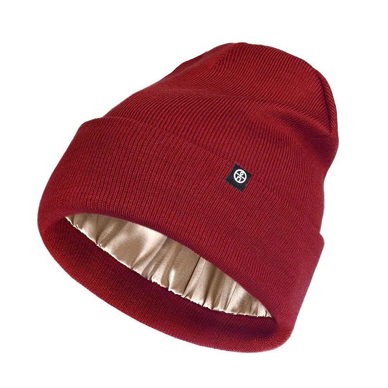 Caps Men Women Knitted Solid Silk Lined Hats Winter Outdoor Qme Burgundy One Size