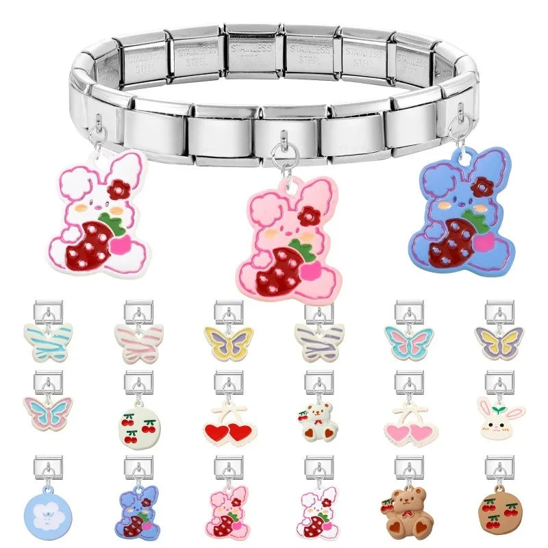2025 Wholesale Cute Cartoon Rabbit Bear Pendant Italian Charm Links Fit 9mm Stainless Steel Bracelet Women DIY Making Jewelry Qme