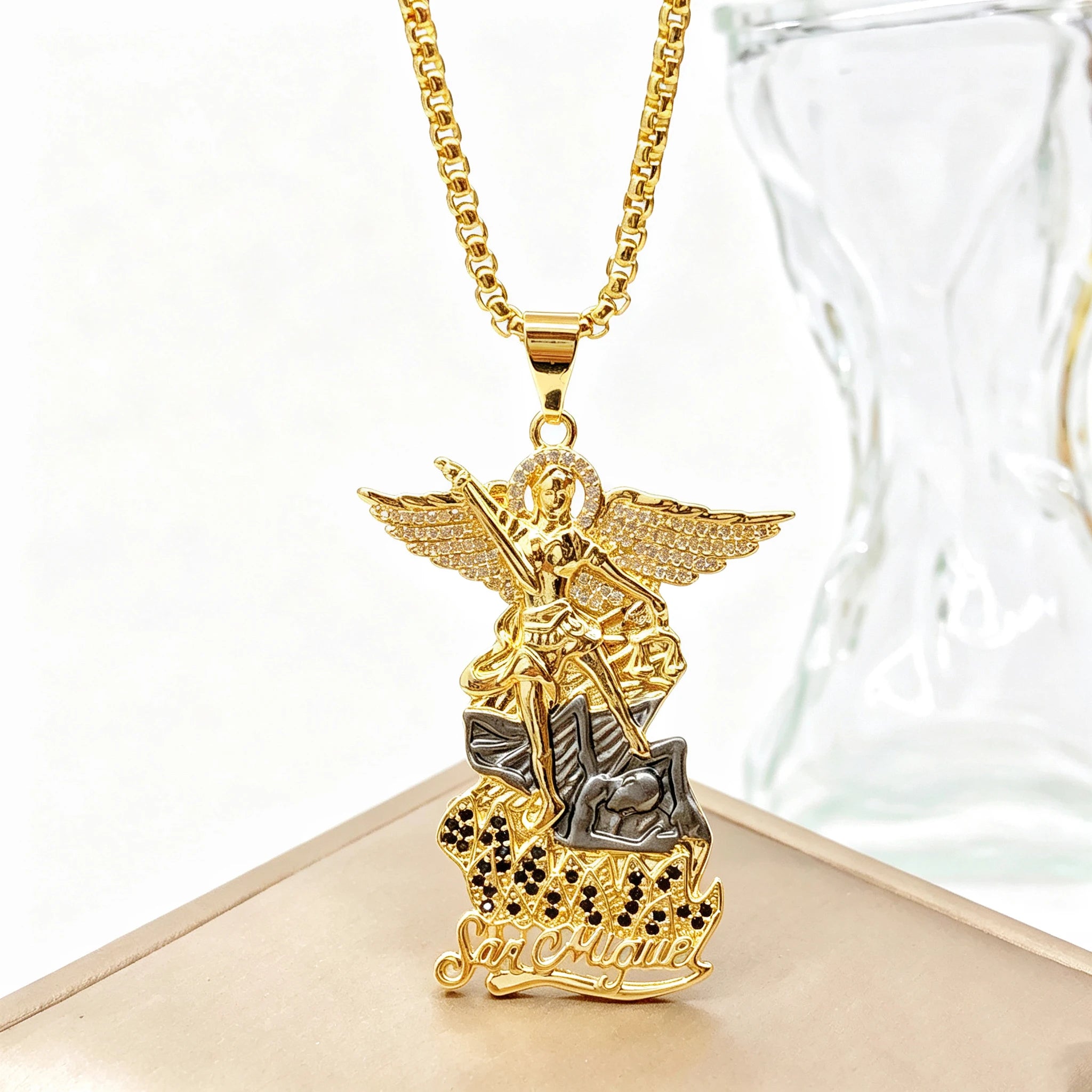New Design 45/60cm San Miguel Archangel Stainless Steel Necklace Gold/Rose Gold Plated Zirconia For Men Women Jewelry Choker Qme 2 45cm