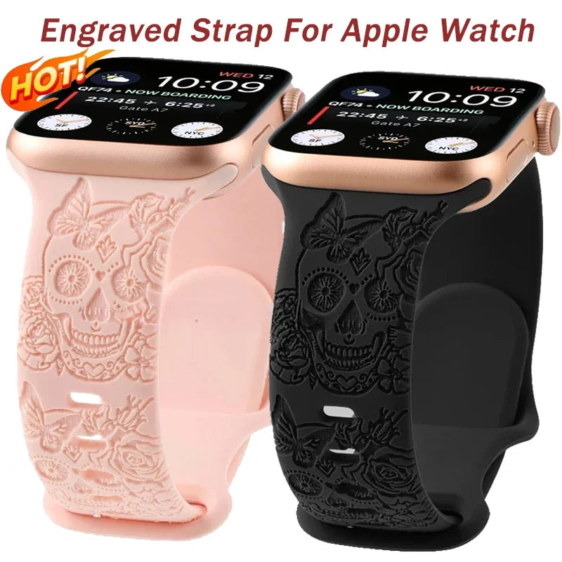 Skull Engraved Strap For Apple Watch Band Ultra 2 49mm 45 44 40 41 42 38mm Silicone Sport Bracelet For iWatch Series 8 9 7 65 SE Qme