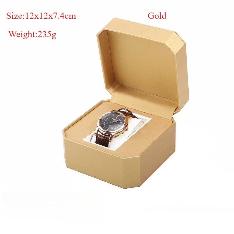Vintage PU Watch Case Leather Octagonal/Arc Shaped Gift Watch Storage Box Stylish Watch Container Watch Display Box Qme WBO-Gold