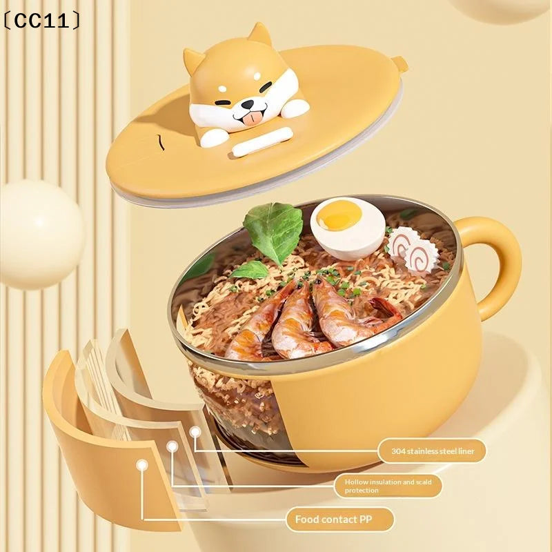 Cute Dog Instant Noodle Bowl Stainless Steel Lid Large Fruit Salad Qme