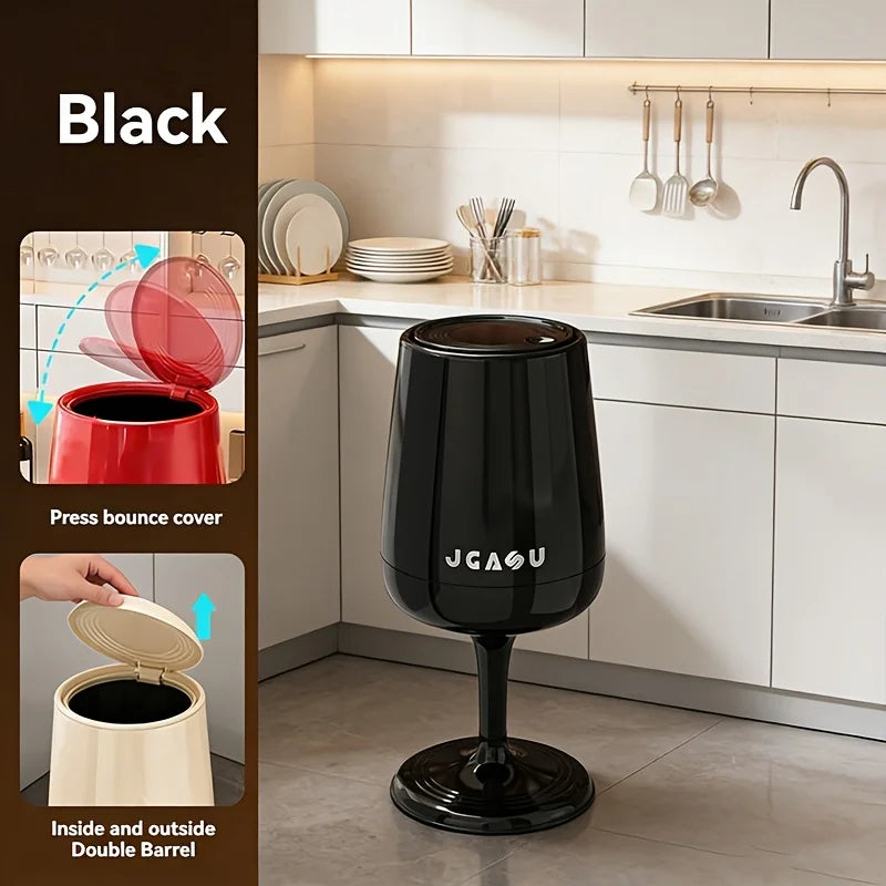 Wine Glass Shaped Trash Can with Lid Waste Basket Trash Bin Round Tall Garbage with High Leg for Home Office Bedroom Kitchen Qme Black
