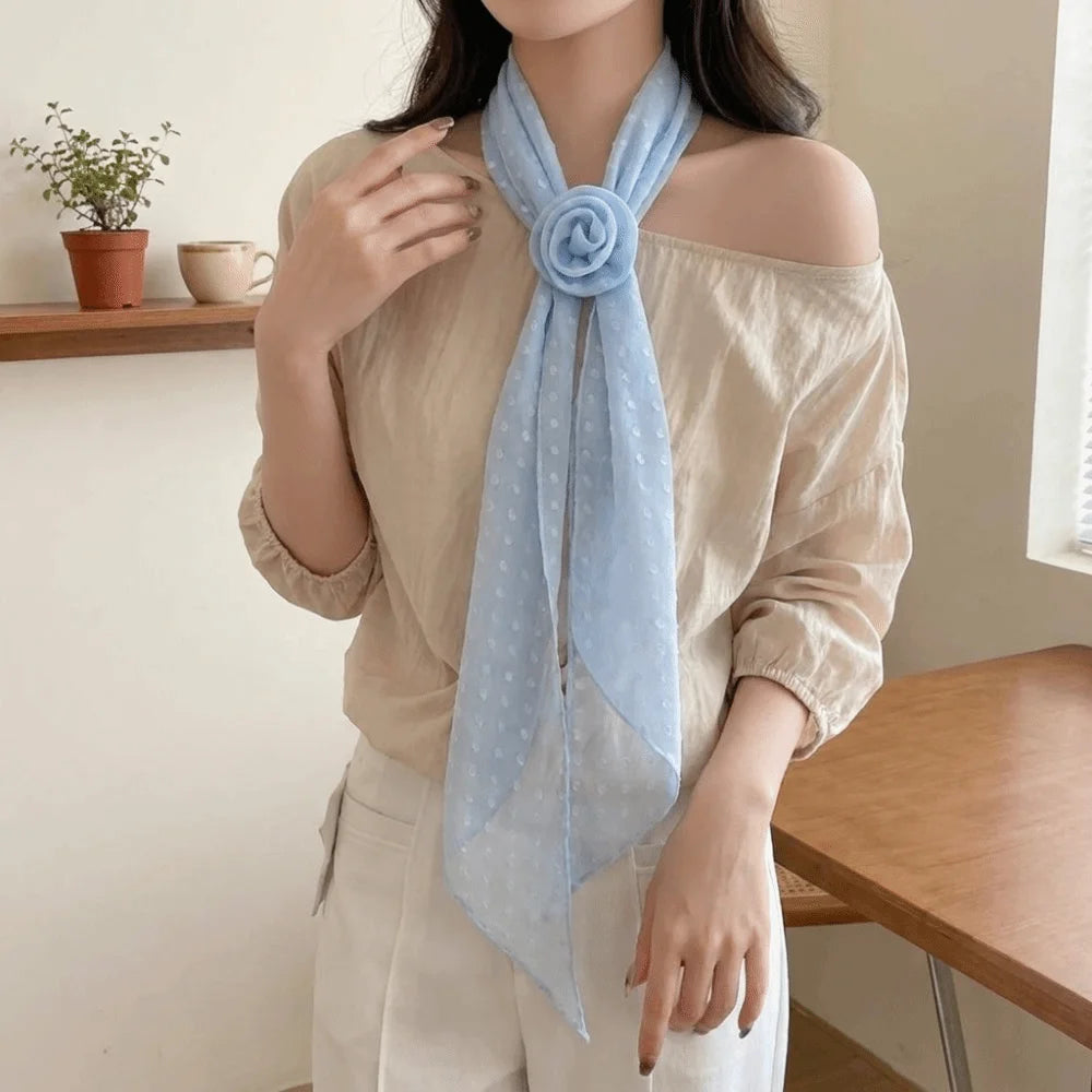 Bow Ties Polka Dots Scarf Thin Cravat Flower Long Silk Scarf Hair Band Narrow Long Ribbon Scarves Qme