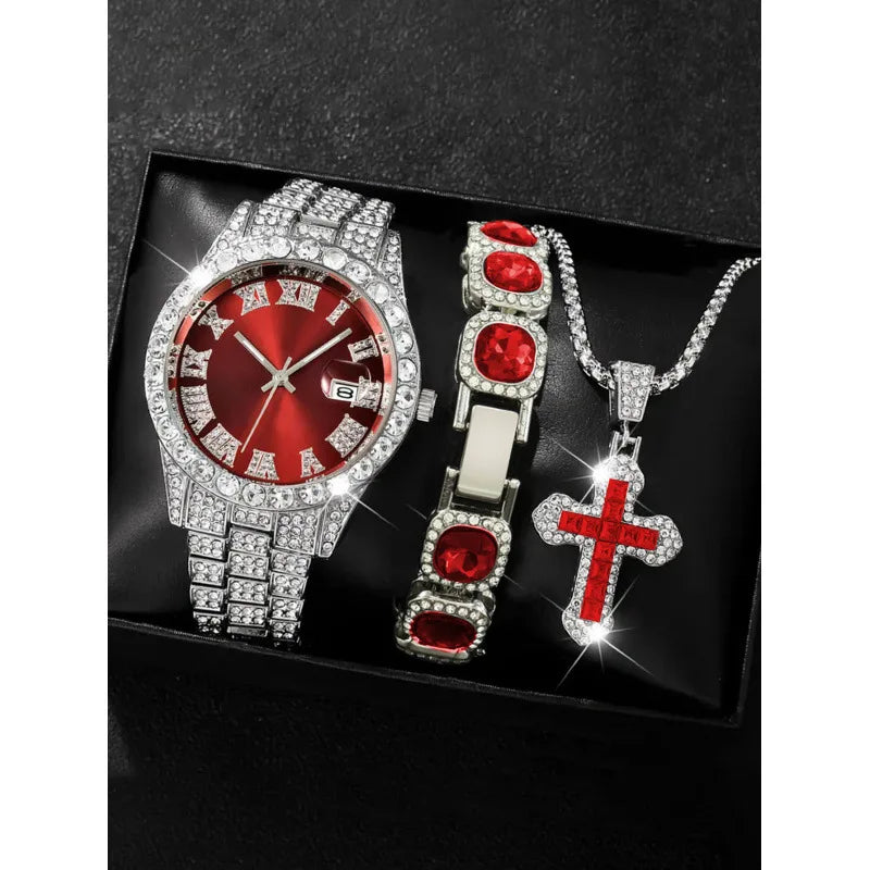 Men's Full Diamond Two-tone Watch and Jewelry Combo Set, Iced Out Green Stone Bracelet + Cross Pendant + Watch, Perfect Gift Qme Grey