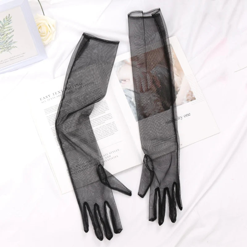 Women Sexy Lace Gloves White Black Mesh Ultra Thin Elastic Lady Qme black 55cm