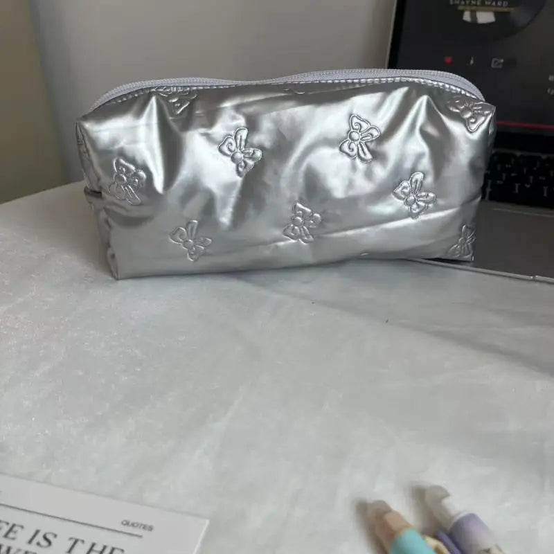 Silver Ballet Cute Bow Large Capacity Pencil Case Student Stationery Qme A11