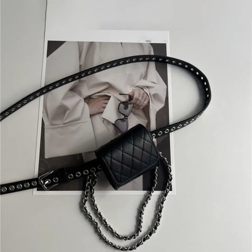 Portable Korean Style Women Waist Bag PU Chain Decorative Belt Waist Bag Purse Retro Women Belt Bag Women Qme Black