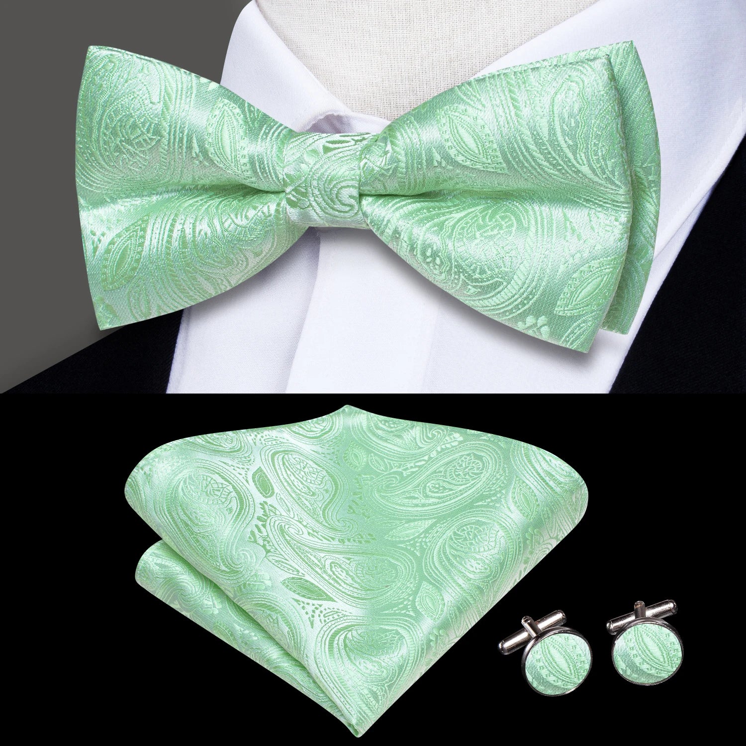 Hi-tie Dusty Pink Silk Mens Solid Sage Green Pre-tied Bow Tie Hanky