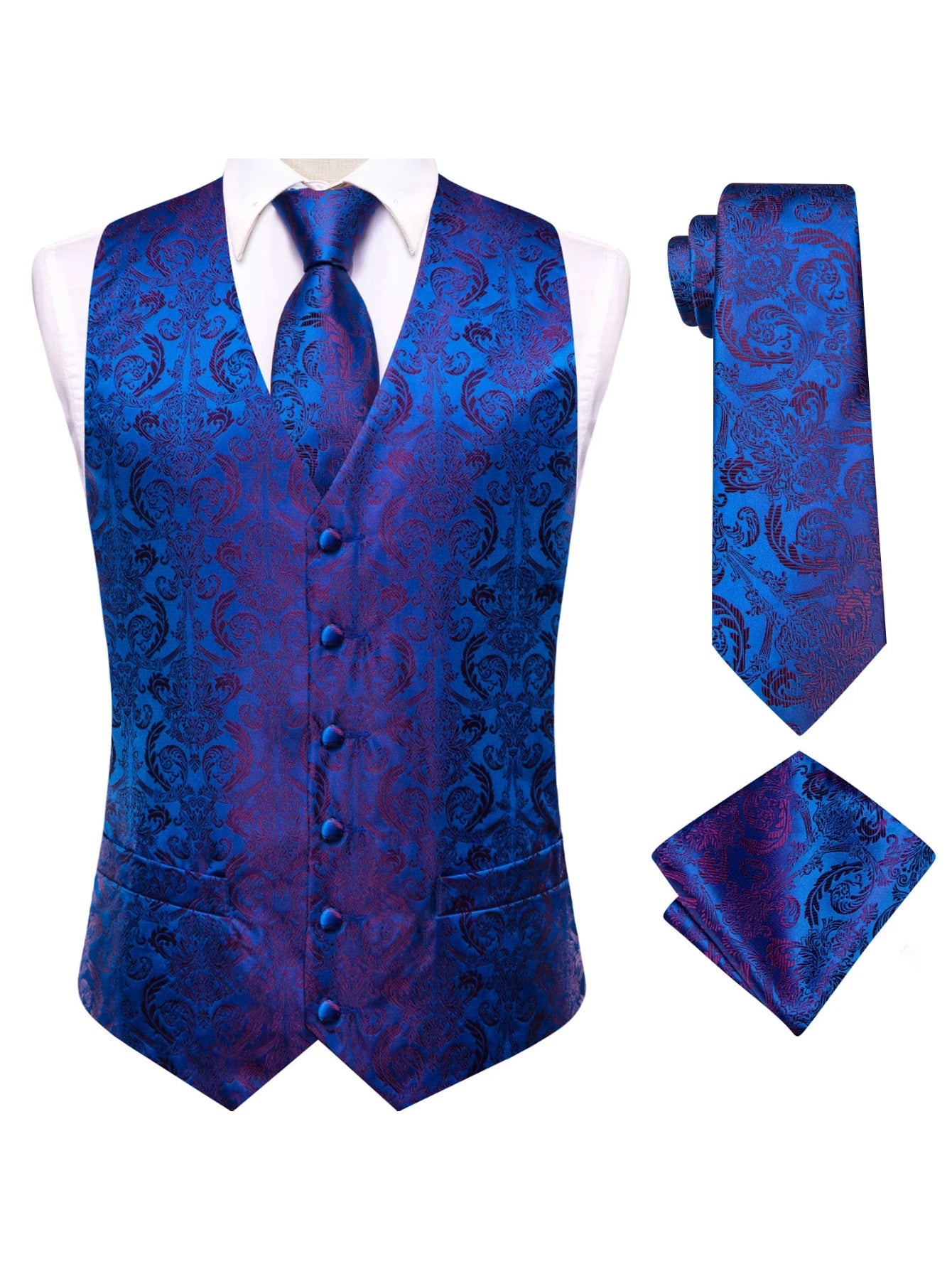 Blue Men Vest Three-Piece Suit Set, Dress Waistcoat with Tie and Pocket Square for Party Ceremony Qme HT-MJ-0071 XXXL
