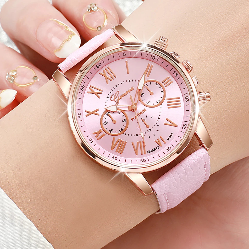 10PCS Women Watches Set Fashion Roma Dial Ladies Quartz Watch Casual Leather Band Wristwatches Relogio Feminino Reloj Mujer Qme