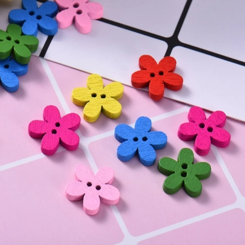 100 Pcs 2-hole Mixed Flower Wooden Decorative Buttons Suitable for Sewing Clip Arts and Crafts Multicolor 14x15mm Qme