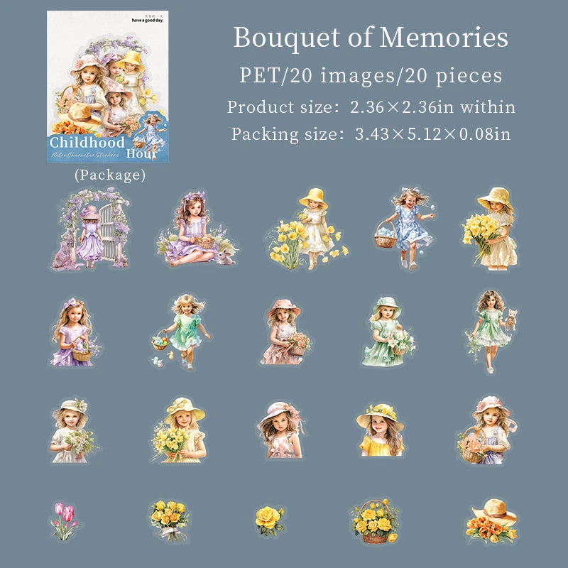 20 Sheets/Bag Childhood Time Retro Theme PET Stickers for Scrapbooking DIY Photo Album Collage Decoration Materials Qme 5