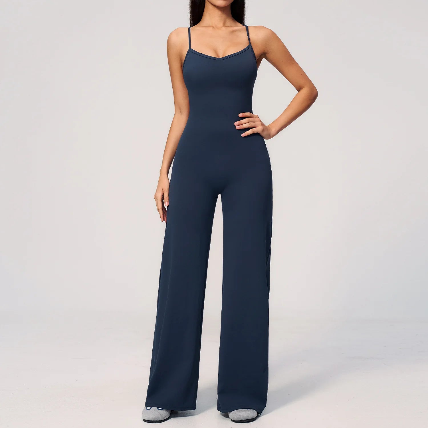 B New Summer Women Sleeveless Yoga Jumpsuit Female Gym Wide-Leg Pants Neck-hanging Backless Sportswear Sport Outfit For Woman Qme badge blue S