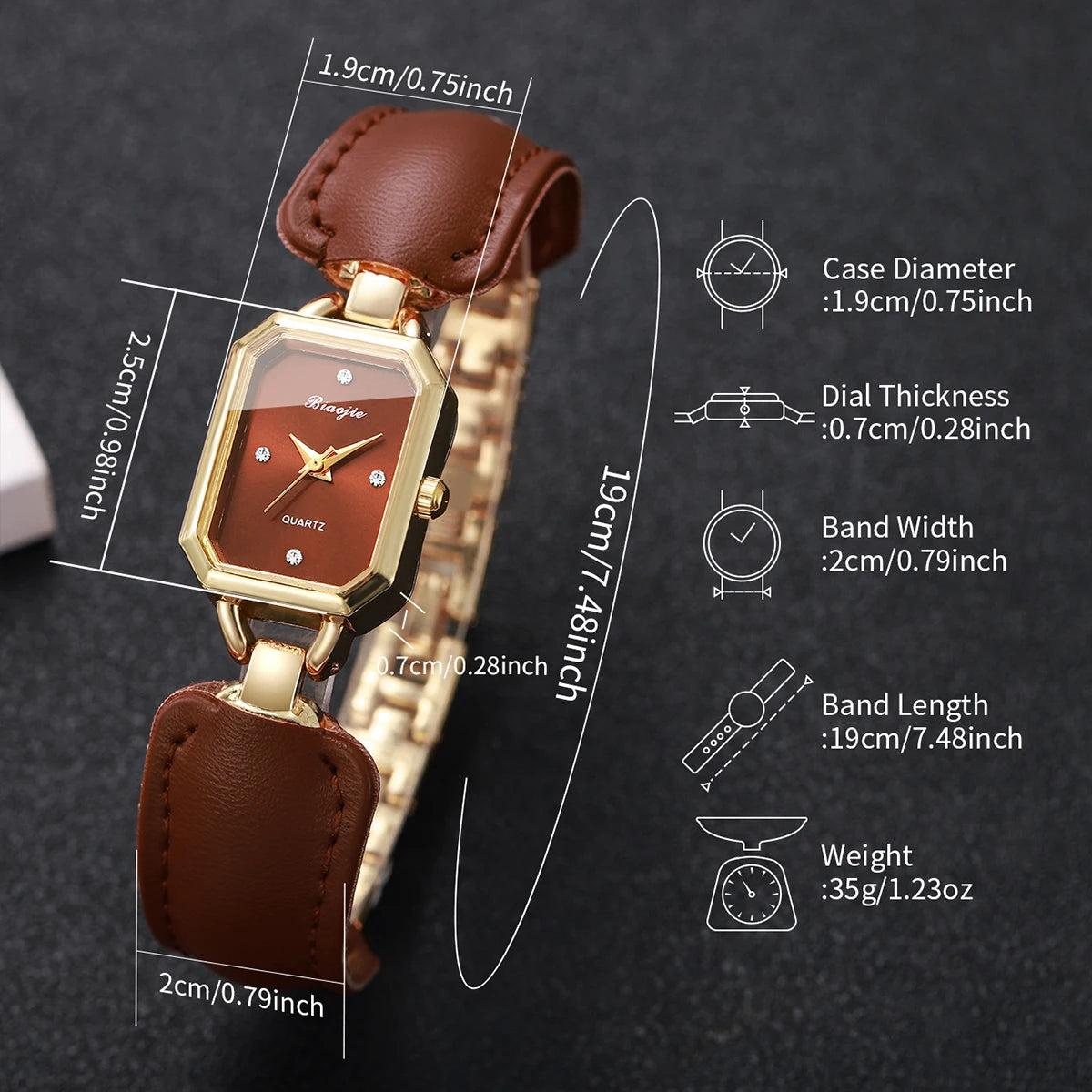 Women's Gold Watch Jewelry Set, 4Pcs Brown Dial Watch + Brown Heart Bracelet + Necklace + Earrings, Minimalist Elegant Style Qme