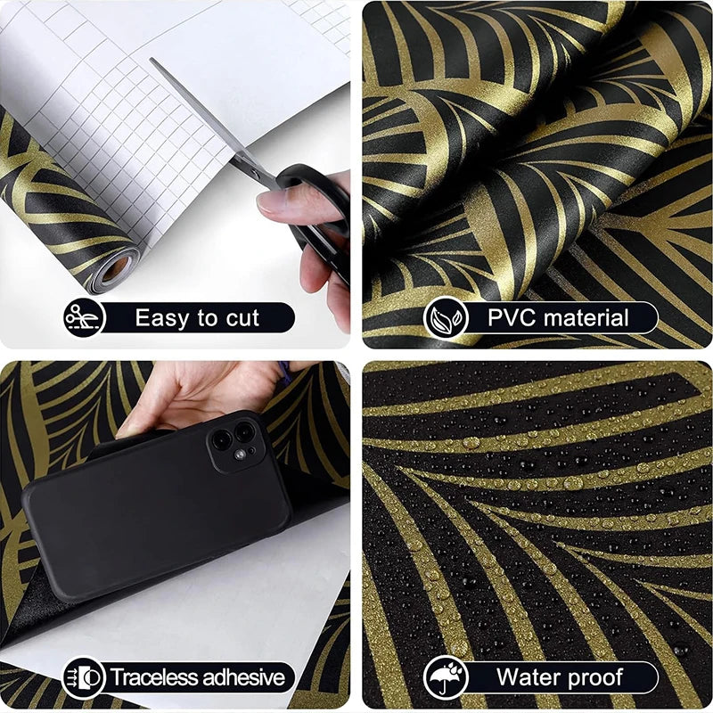KALYNN Black Gold Art Deco Self Adhesive Wallpaper Geometric Pattern Qme