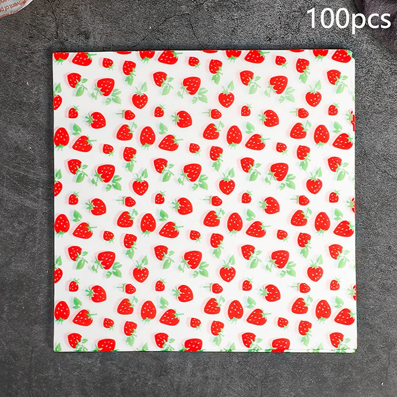 100Pcs Greaseproof Paper Liners Sandwich Wrapping Paper 7 Colors Wax Paper Sheets For BBQ Picnic Festival Party Fast Food Qme strawberry 100pcs