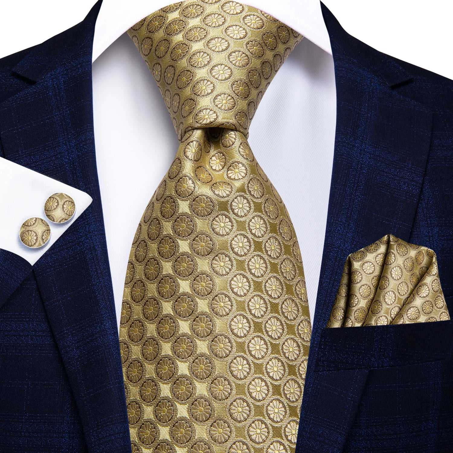 Designer Gold Solid Wedding Tie Men Handky Cufflink Striped Plaid