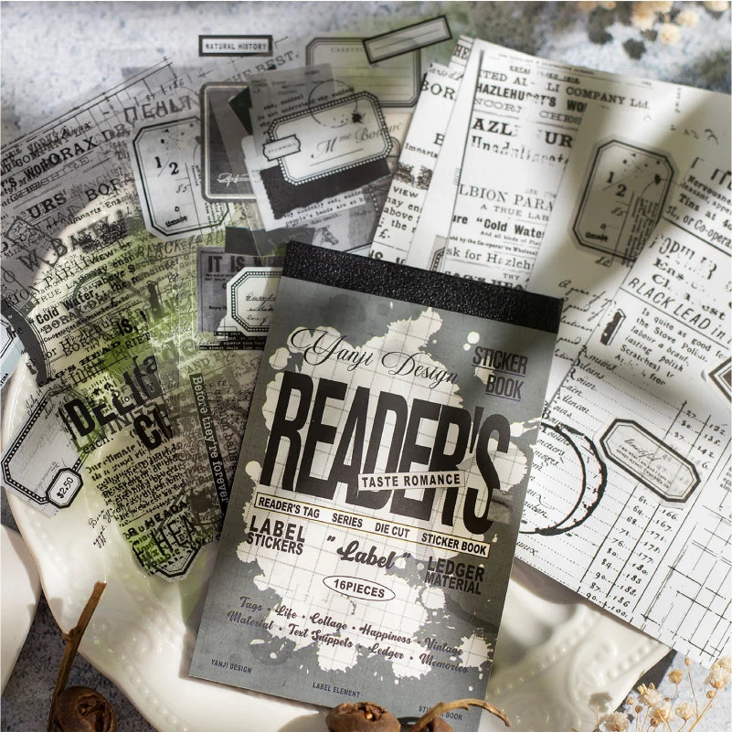 16 Sheets Reader tags Series Vintage style Die Cut Sticker Book DIY Junk Journal Diary Scrapbooking Material Stationery Stickers Qme