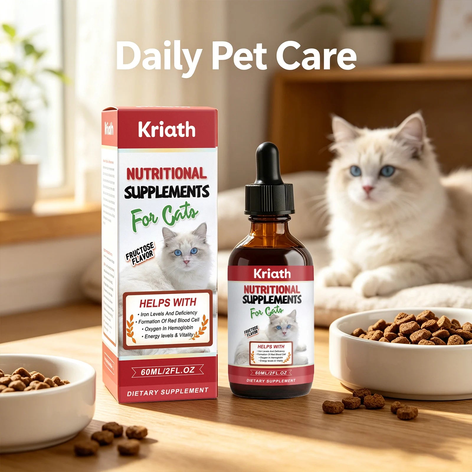 Kriath Cat Nutritional Supplement Drop Boost Energy Vitality & Red Blood Promote Healthy Growth Multivitamin Iron Support Liquid Qme