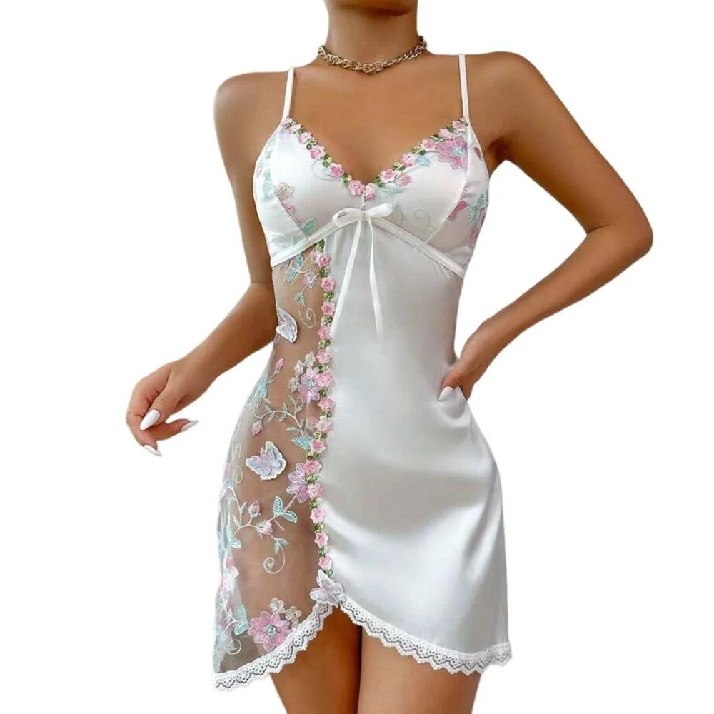 Thin Lace Bow Women's Pajama Dress Embroidered Mesh Transparent Ice Qme White XL