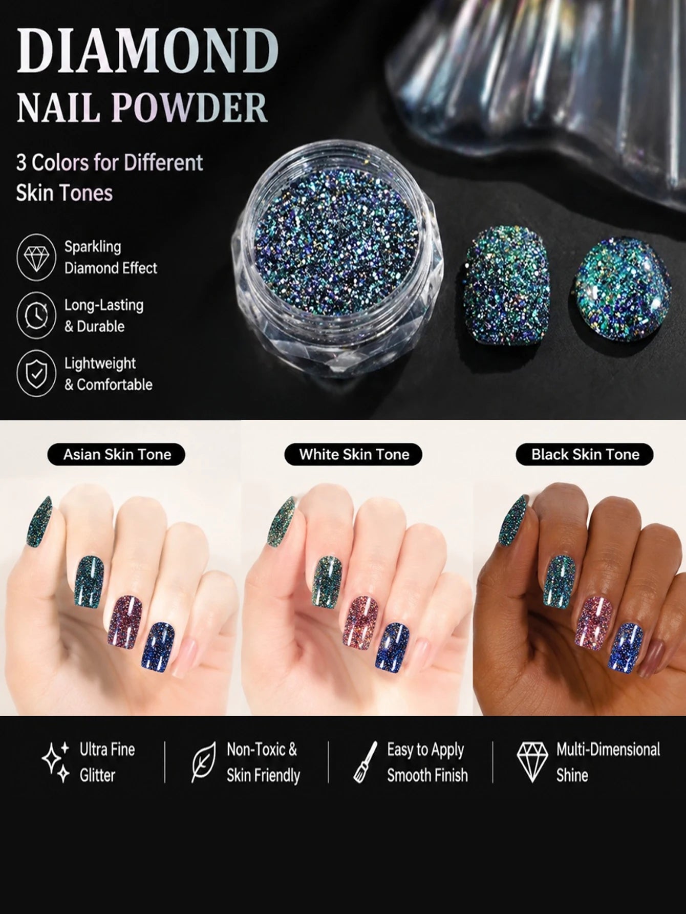 1 3 Glitter Nail Powder Can Chameleon Aurora Shine Diamond Chrome Qme M06
