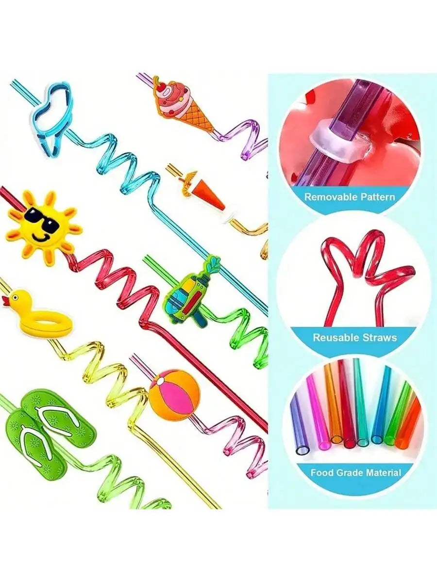 8 Colored Reusable Cartoon Straws Durable Plastic Milk Water Qme