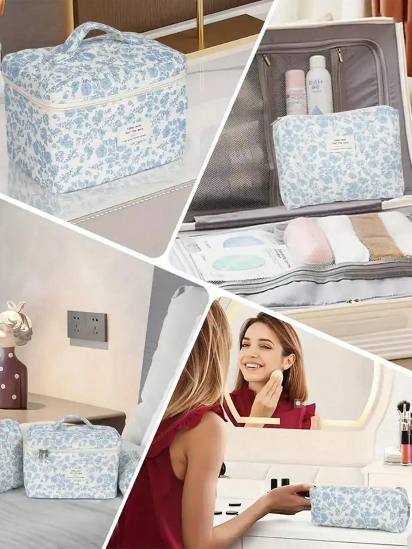 Large Capacity Makeup Bag Checkered Flower Stitching Cotton Storage Qme
