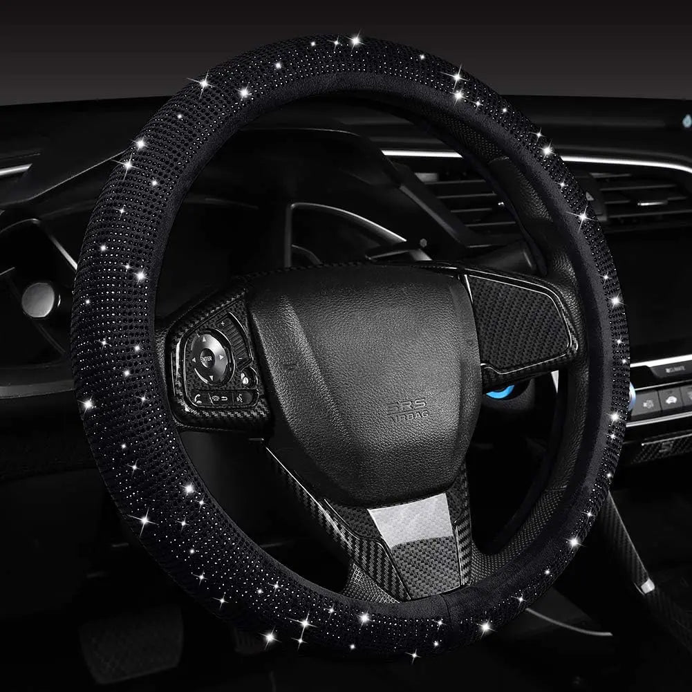 Universal Steering Wheel Cover with Black Crystal Rhinestones Car Breathable Anti-Slip Wheel Protector Fit 14.2-15 inch Qme