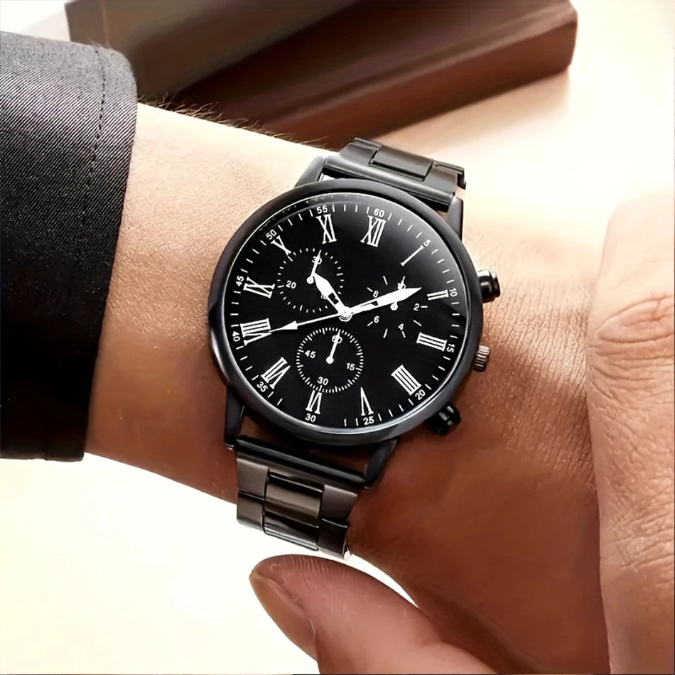 2 Pieces Fashion Men's Watch Quartz Simple Roma Dial Men's Business Watches Men's Watch (Without Box) Qme black