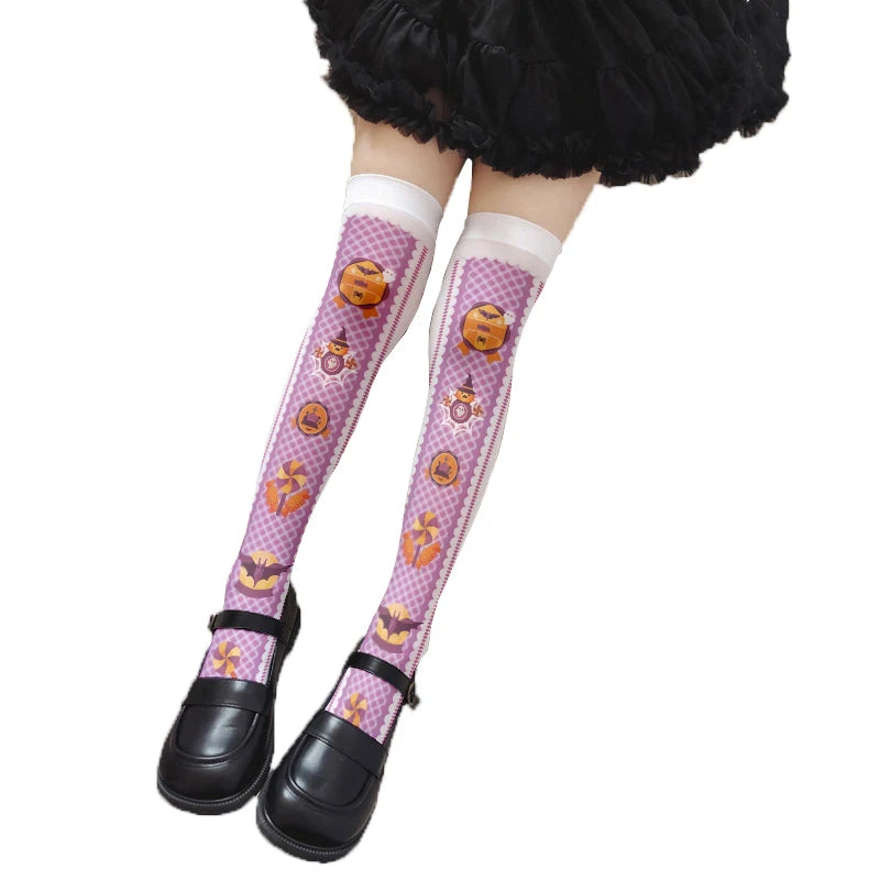 Cute Pink Princess Lolita Over Knee Stockings Love Bow Printed Girl Qme style16 One Size