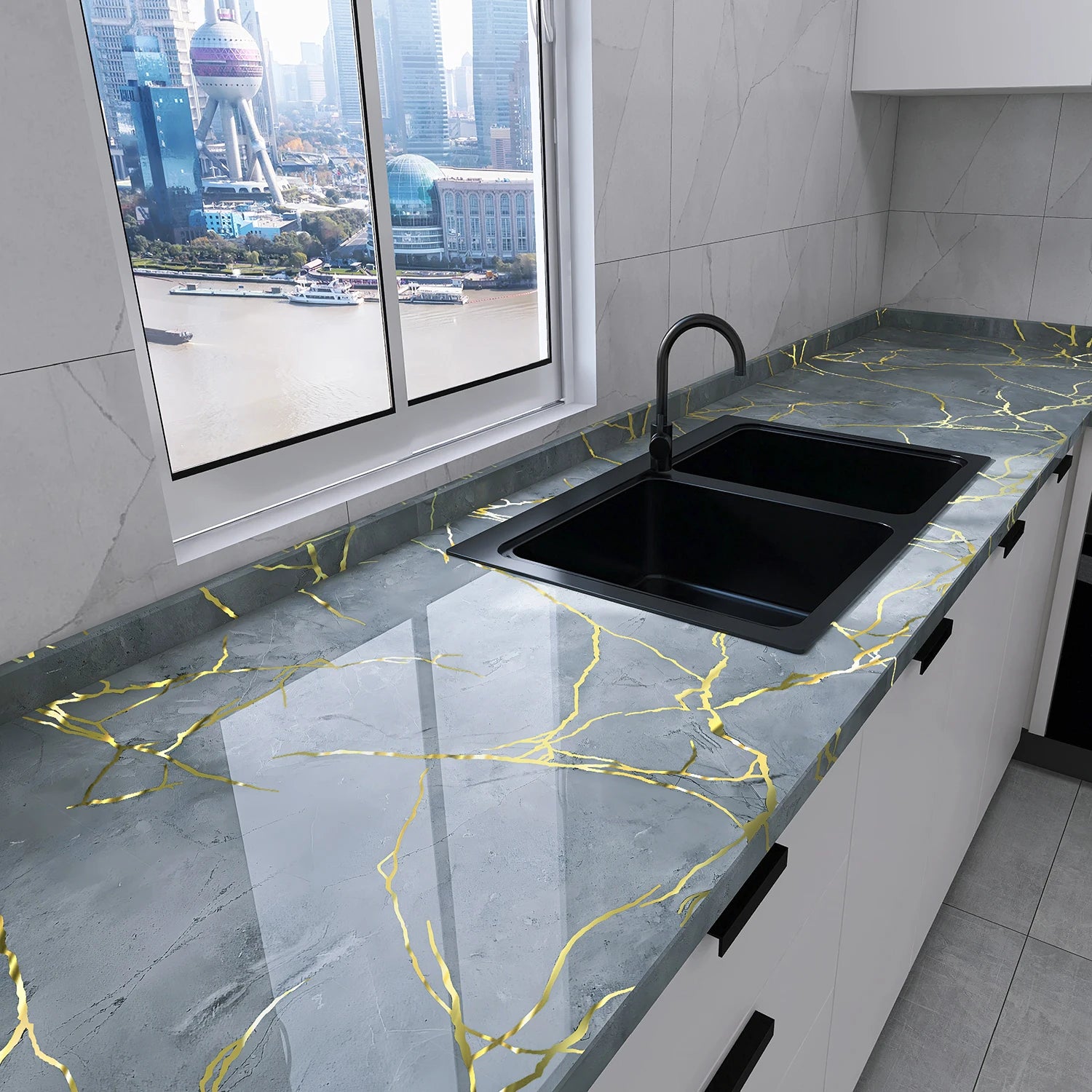 Waterproof Moisture-Proof Oil-Proof And High-Temperature Resistant Marble-Patterned Self-Adhesive Kitchen Stove Oil Fume Sticker Qme huiyantangjin 40cmX5m