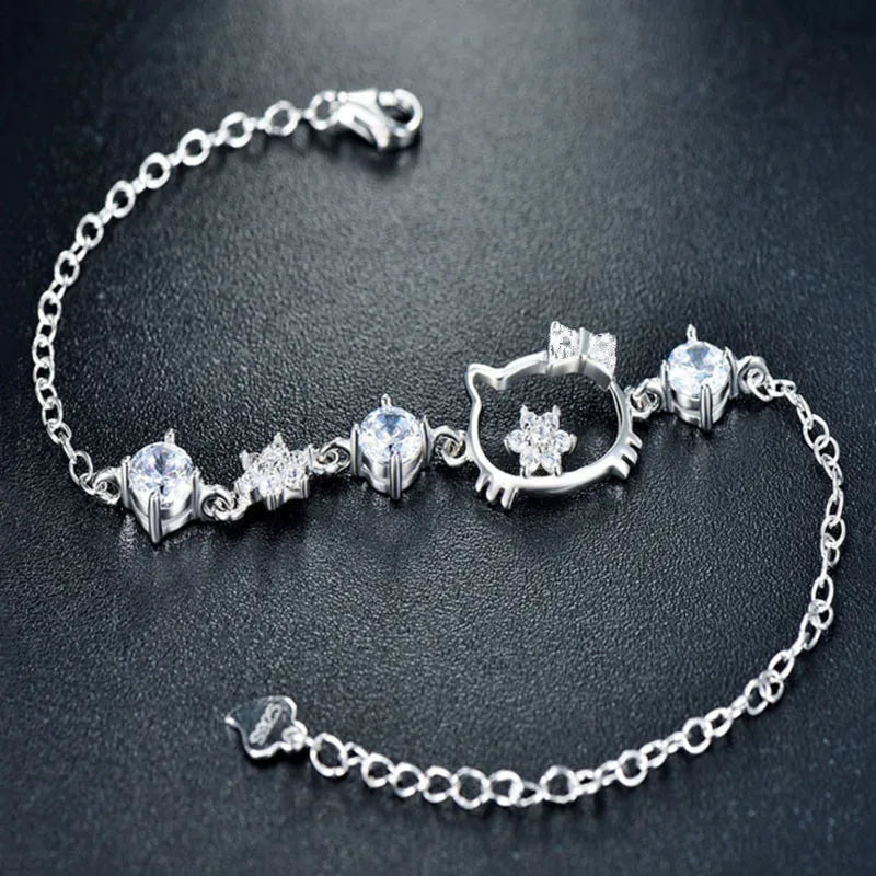 Cartoon Cat Zircon Silver Bracelet Girlfriend Female Children's Leisure Party Japanese Style Jewelry Gift Qme