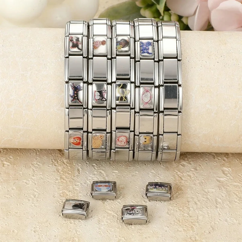 New Design Sweet Pink Candy Cute Cats Apple Rabbits Italian Charm Links Fit 9MM Stainless Steel Bracelet Jewelry DIY Making Gift Qme