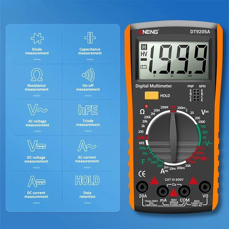 DT9205A Digital Multimeter True RMS Professional /DC Current Tester Capacitor Voltage Meter Detector Tools. Qme