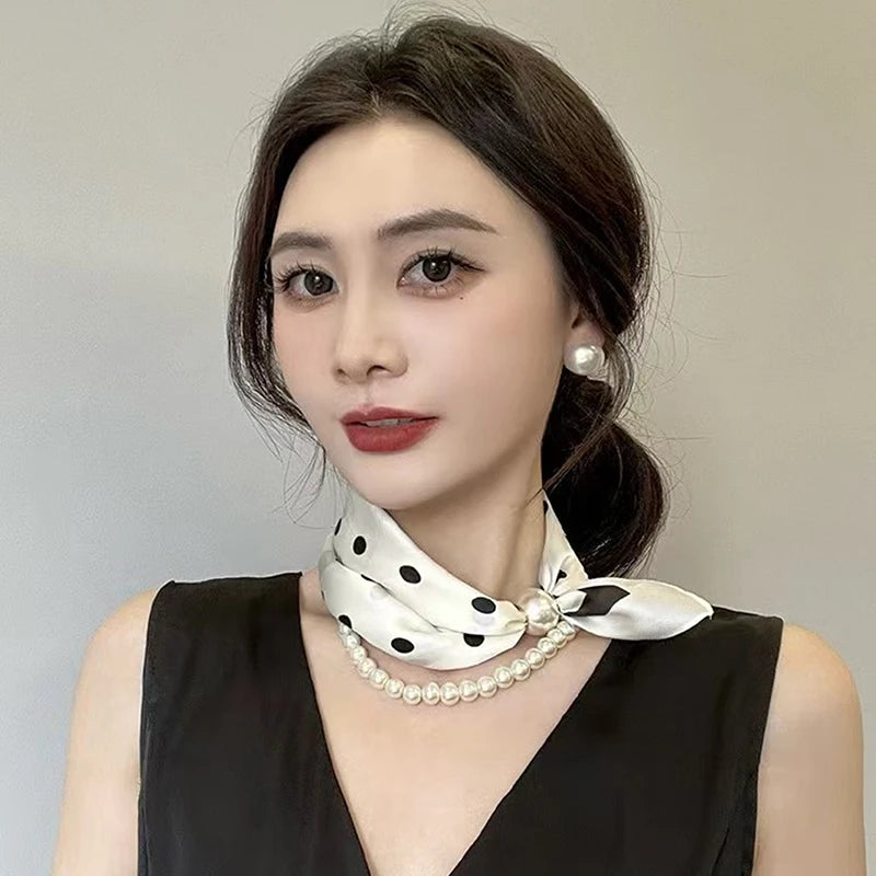 Magnetic Narrow Elegant Satins Neck Scarf Wrap Pearls Chain Necklace Qme