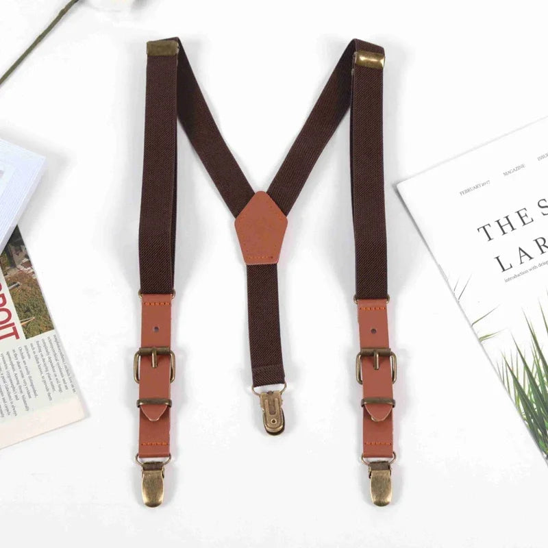 Kids Suspenders Tuxedo Y-back 3 Clips Adjustable Elastic Trouser Qme Brown