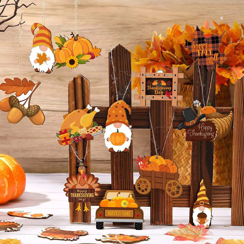 Thanksgiving Autumn Wooden Ornaments Gnome Turkey Maple Leaf Pumpkin Qme