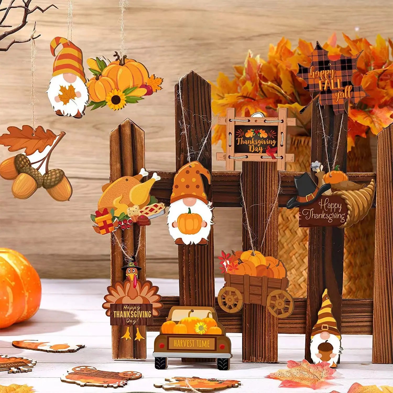 Thanksgiving Autumn Wooden Ornaments Gnome Turkey Maple Leaf Pumpkin Qme