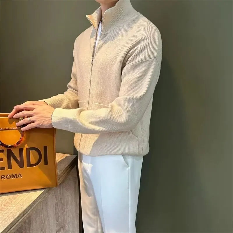 Men's Versatile Solid Zip-up Cardigan Slim Fit Stand Collar Sweater Qme