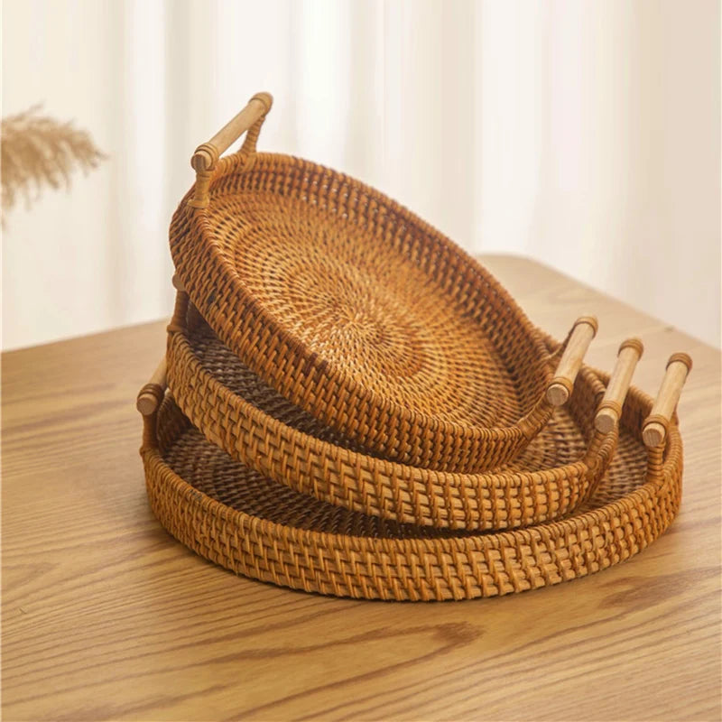 Woven Rattan Storage Basket with Strap Handle round Tray for Bread Snacks Fruits Picnic - Home Organization Basket Qme