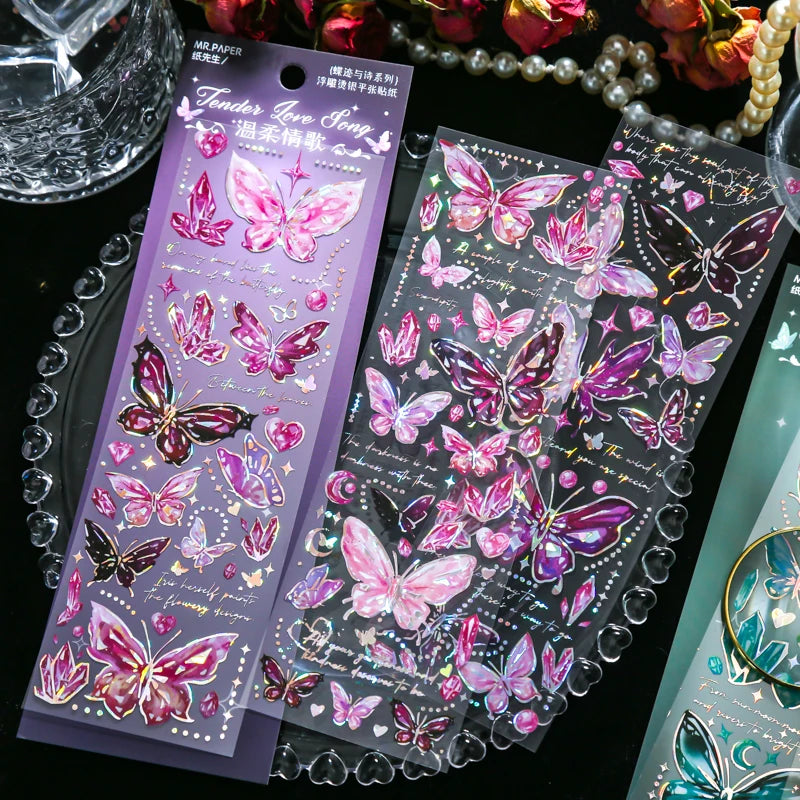 3 pcs laser Butterfly PET Stickers Decorative Diy Scrapbooking Collage material Planner Stationery Craft Supplies Qme