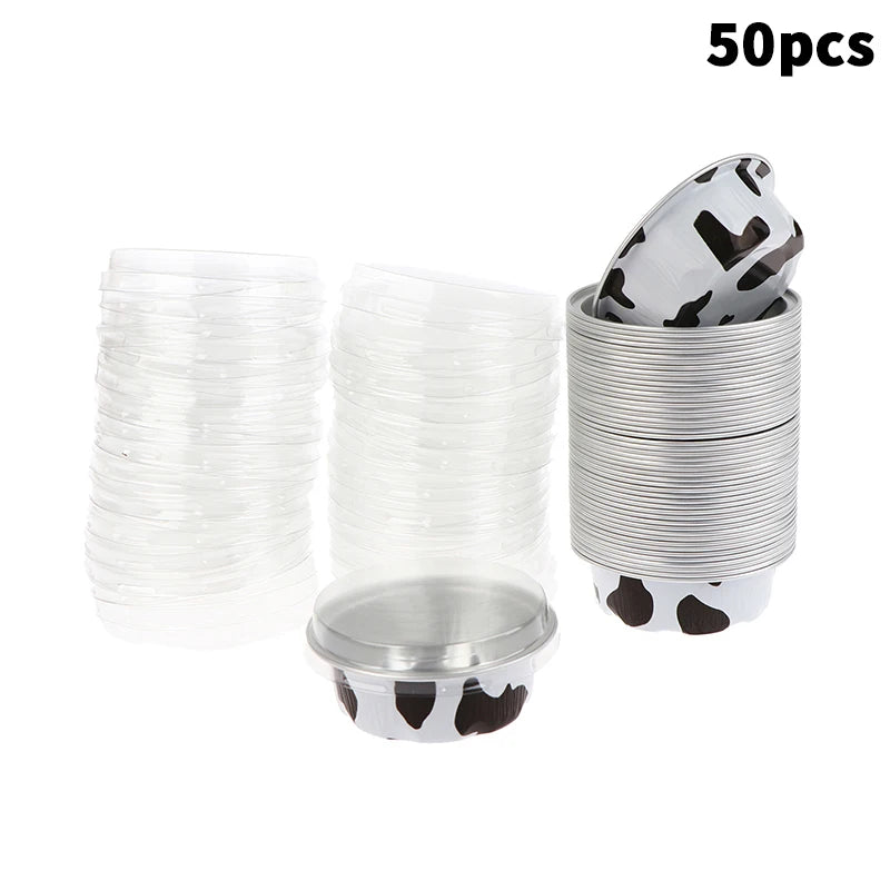 Round Baking Cups Aluminum Foil Wih Lids Reusable Cupcake Desserts Qme 50Pcs White