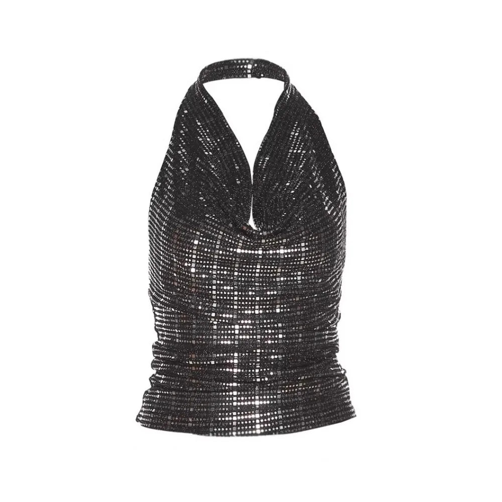 V-neck Glitter Tank Top Vest Sling Sleeveless Sweet Spicy Slim Camisole Backless Spicy Girl Style Glitter Hanging Neck Top Lady Qme Black S