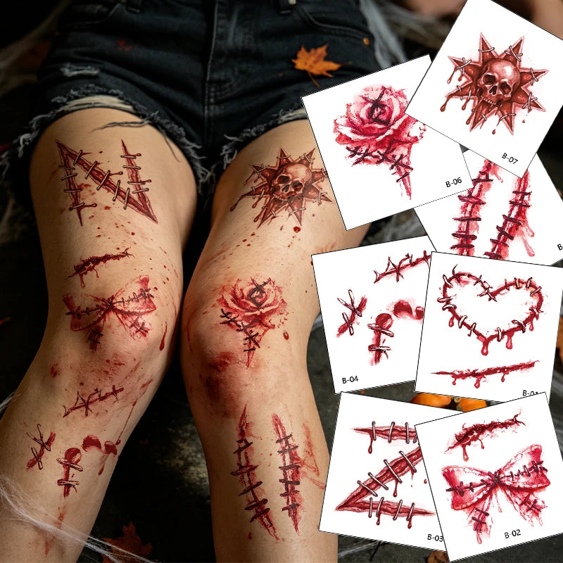 Halloween Horror Realistic Bloody Stitched Scar Temporary Tattoos Qme