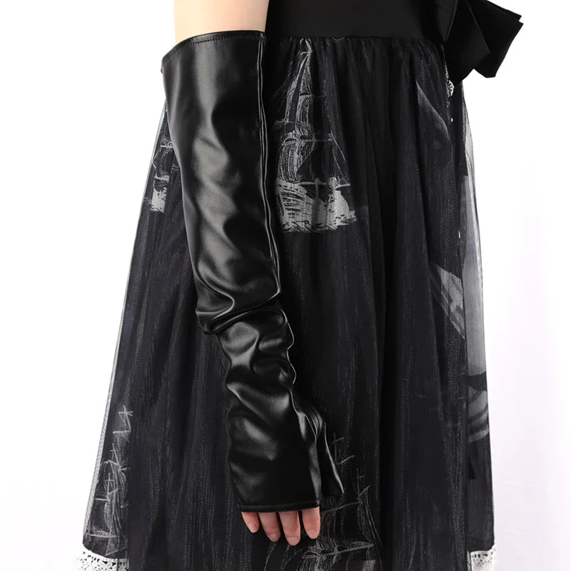 Women Sexy Long Fingerless Gloves Pu Leather Punk Rock Black Hip Pop Qme